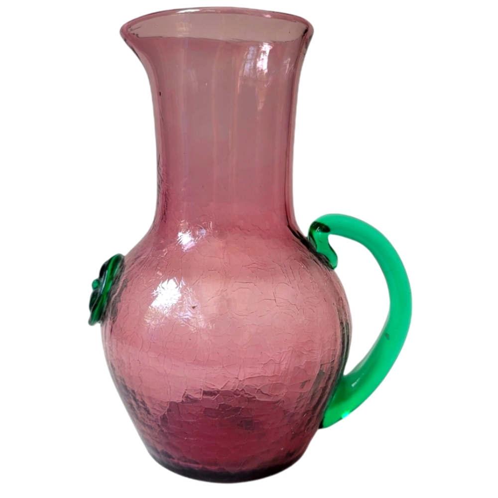 Vtg Rainbow Pilgrim Hand blown Crackle glass pitcher 4 leaf clover